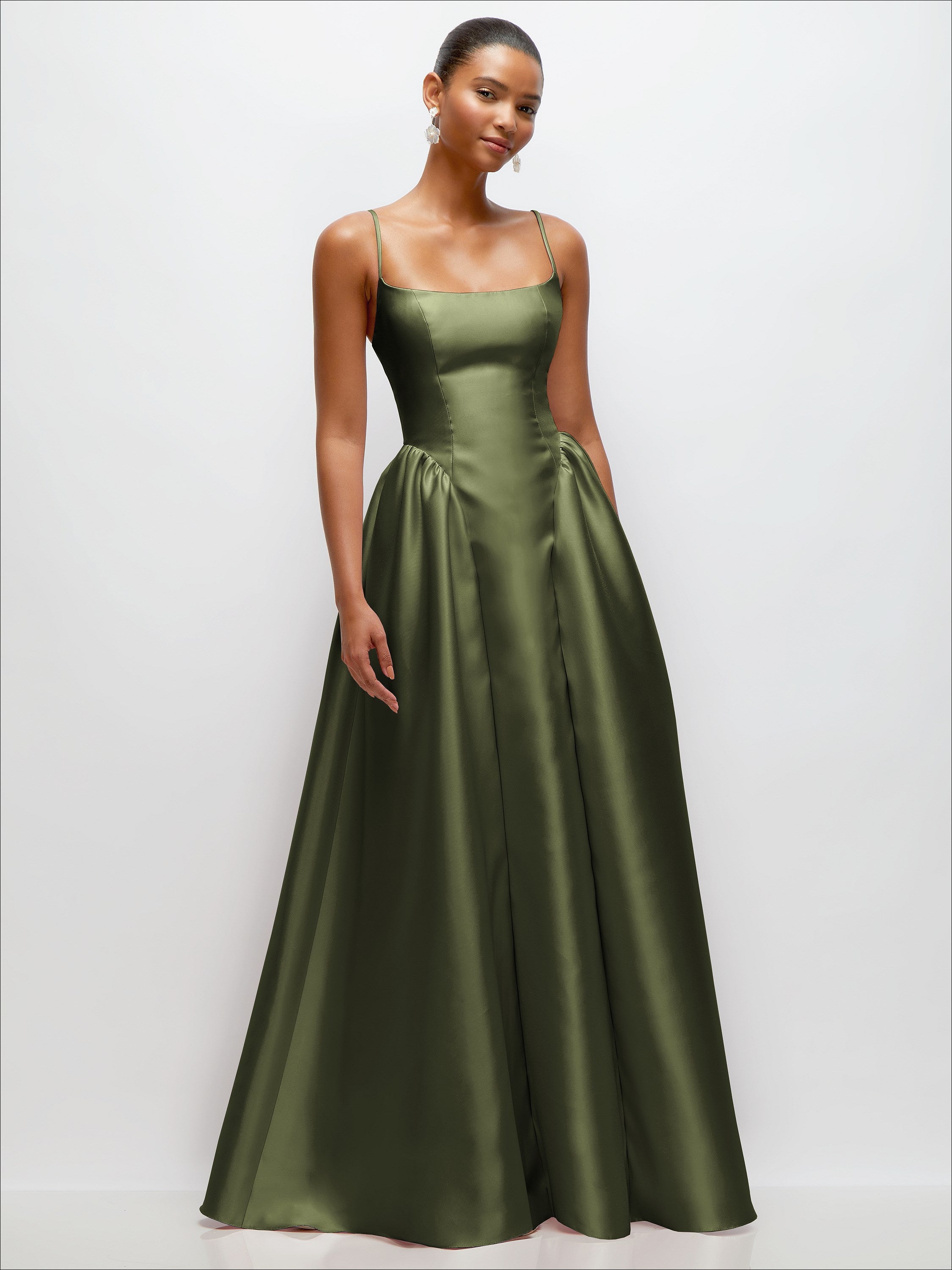 green silk long dress Scoop Neck Drop Basque Skirt Satin Maxi with Pockets afslappet elegance