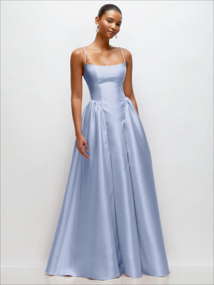 Satin maxi dress in periwinkle blue with scoop neckline and spaghetti straps, front view