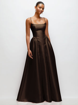 Dark brown satin scoop-neck maxi dress with spaghetti straps and gathered basque waist