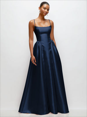 Scoop-neck satin maxi dress with thin straps and gathered basque waist, dark blue front view