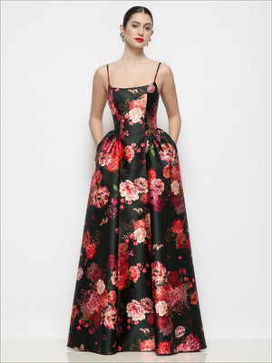 Black floral maxi dress with scoop neckline, spaghetti straps and drop basque waist