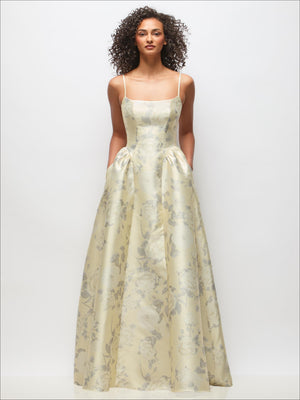 Light floral satin maxi dress, scoop neckline, thin straps, flared basque waist