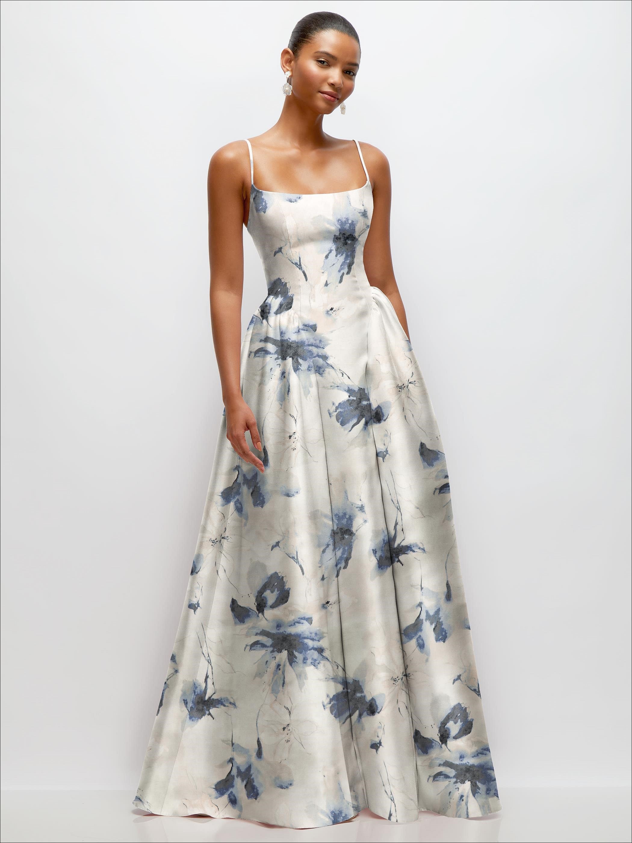 Scoop Neck Drop Basque Skirt Floral Satin Maxi Dress with Pockets