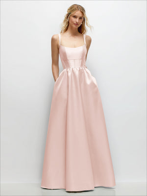 Blush-pink satin maxi dress with scoop neck, corset-style bodice, thin straps