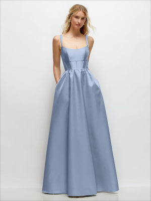 Scoop neck satin maxi dress with pockets, light blue, fitted corset and full skirt