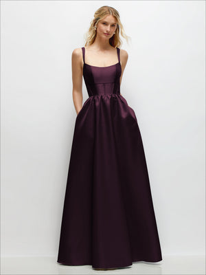 Plum scoop-neck corset satin maxi dress with gathered waist and thin spaghetti straps