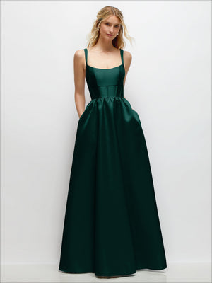 Scoop-neck corset satin maxi dress with gathered waist and spaghetti straps, dark green.