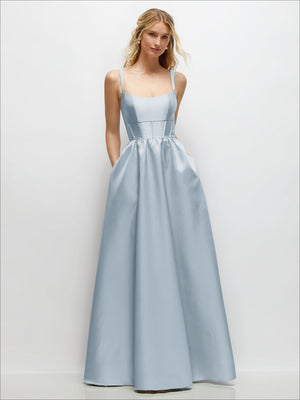 Light blue satin corset-style maxi dress with scoop neckline and thin straps