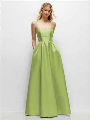 Satin corset maxi dress with scoop neckline, light lime green, gathered waist and thin straps.