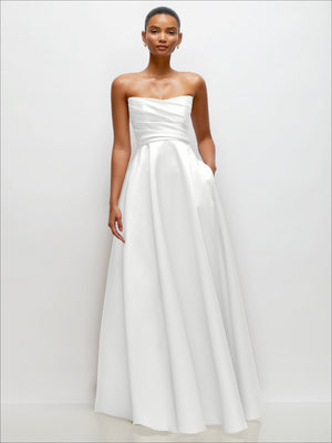 Ivory strapless draped satin maxi dress with corset bodice and full skirt, front view