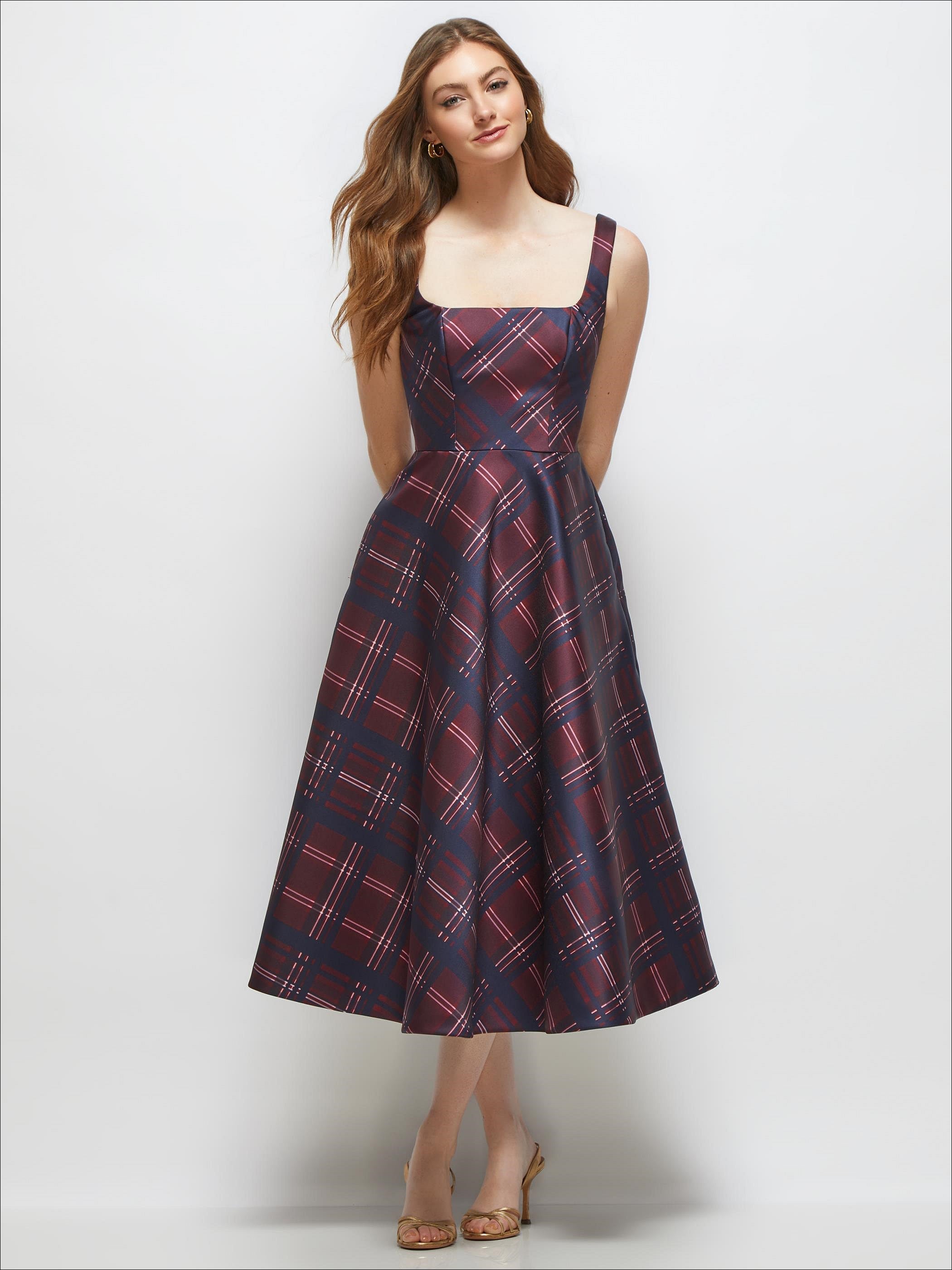 formal plaid dress Square Neck Alba Tartan Satin Midi Minimalist clothing designs