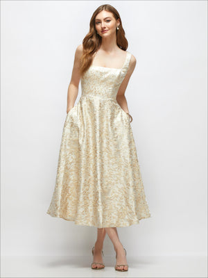 Champagne floral brocade midi dress with square neckline and thin straps