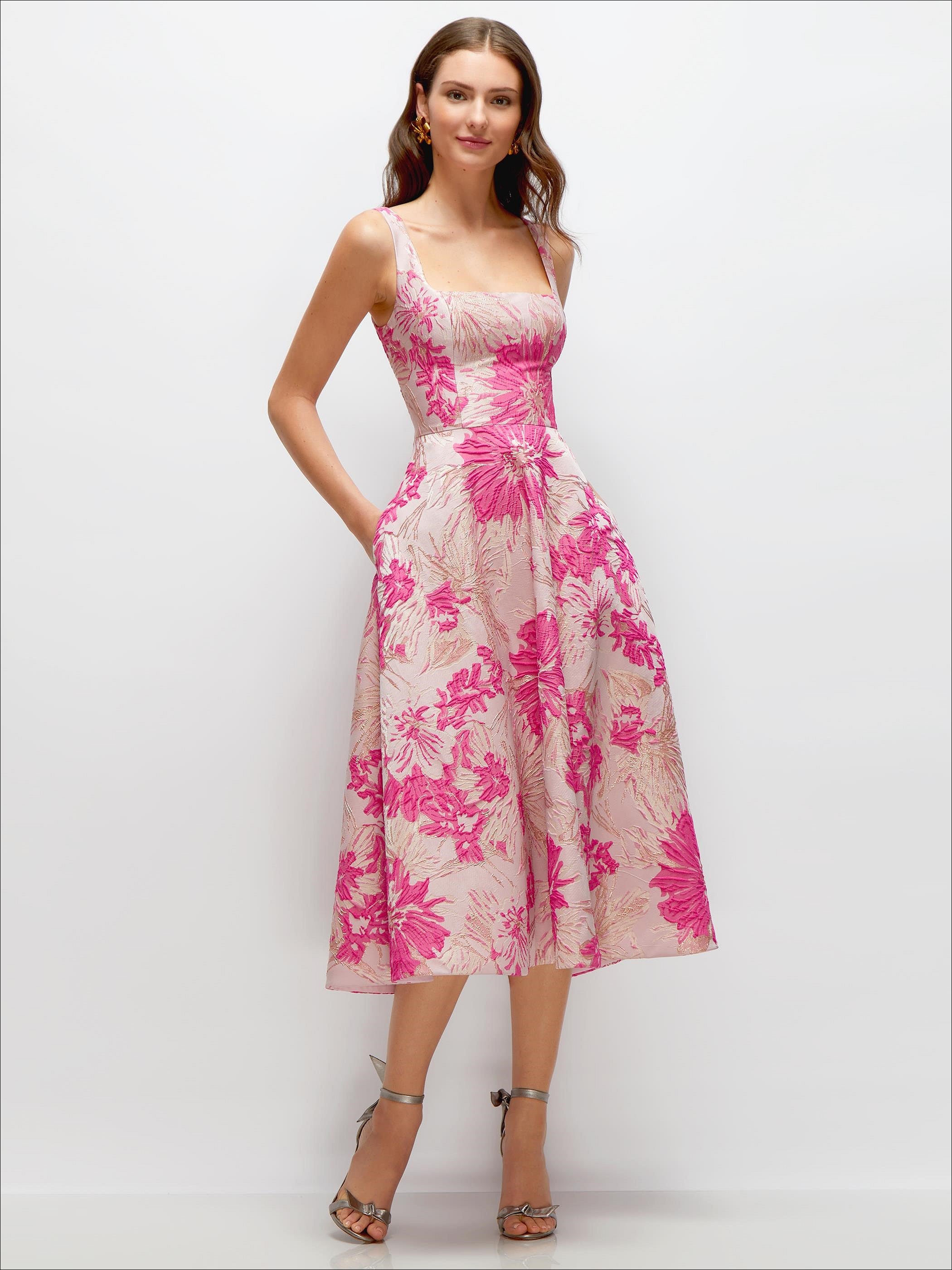 Hibiscus Pink Square Neck Floral Jacquard Midi Dress