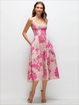 Pink floral jacquard midi dress, square neckline, sleeveless fitted bodice, gathered skirt