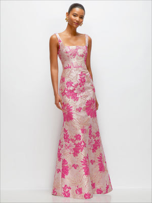 Pink floral maxi dress with square neckline and trumpet skirt, sleeveless jacquard