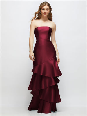 Strapless bodycon maxi dress in dark burgundy with tiered ruffle skirt