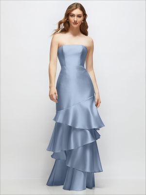 Strapless bodycon maxi dress in steel blue with tiered ruffle skirt, full length