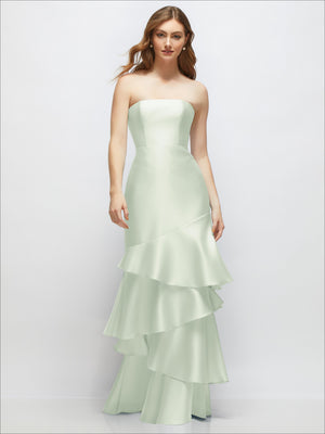 Strapless bodycon maxi dress in pale mint green with tiered ruffle skirt, front view