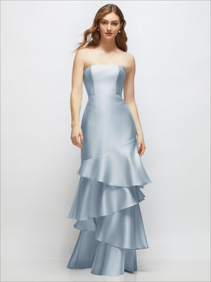 Strapless bodycon maxi dress in pale blue with tiered ruffle skirt, full front