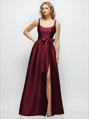 Scoop-neck tank maxi dress in deep burgundy satin with waist tie and flowing full skirt