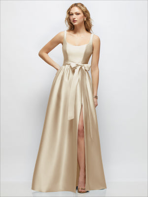 Champagne scoop-neck tank maxi dress with full skirt and tied waist bow