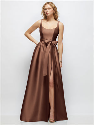 Chocolate brown scoop-neck tank maxi dress with full skirt and front slit