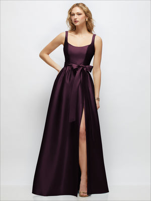 Deep plum scoop-neck tank maxi dress with full skirt and bow waist
