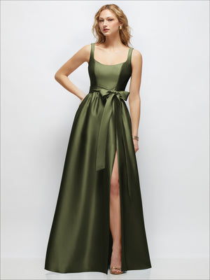 Olive green scoop-neck tank maxi dress with full skirt, waist tie, and front slit