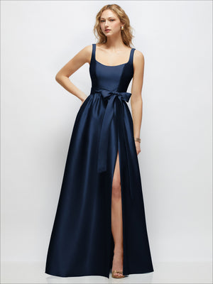 Midnight navy scoop-neck tank maxi dress with full skirt, waist tie, and front slit