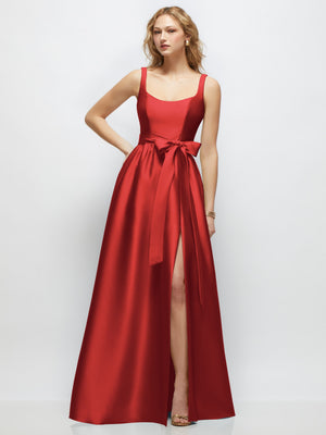 Red scoop-neck tank maxi dress with bow-tied waist and side slit