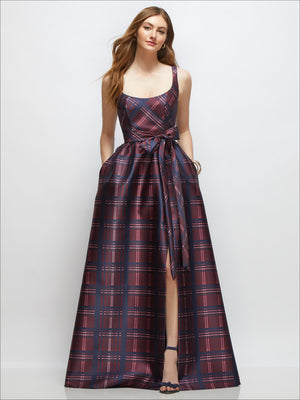 Scoop-neck tank maxi dress in dark tartan plaid satin with gathered waist and full skirt