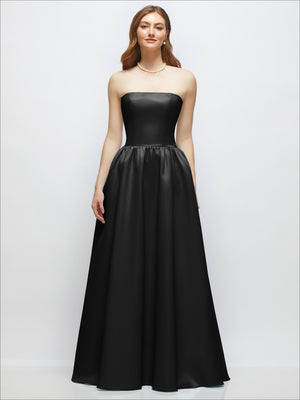 Black strapless satin drop-waist gown with full gathered skirt, front view