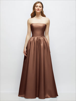 Cognac satin strapless drop-waist gown with full gathered skirt