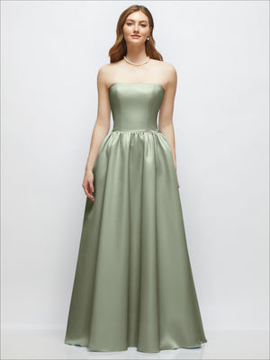 Sage satin strapless drop-waist gown with full A-line skirt and glossy sheen.