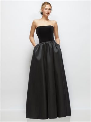 Strapless black gown with velvet-look bodice and satin drop-waist full skirt