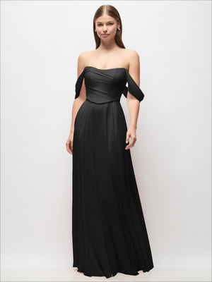 Black off-shoulder basque corset chiffon maxi dress with draped sleeve accents