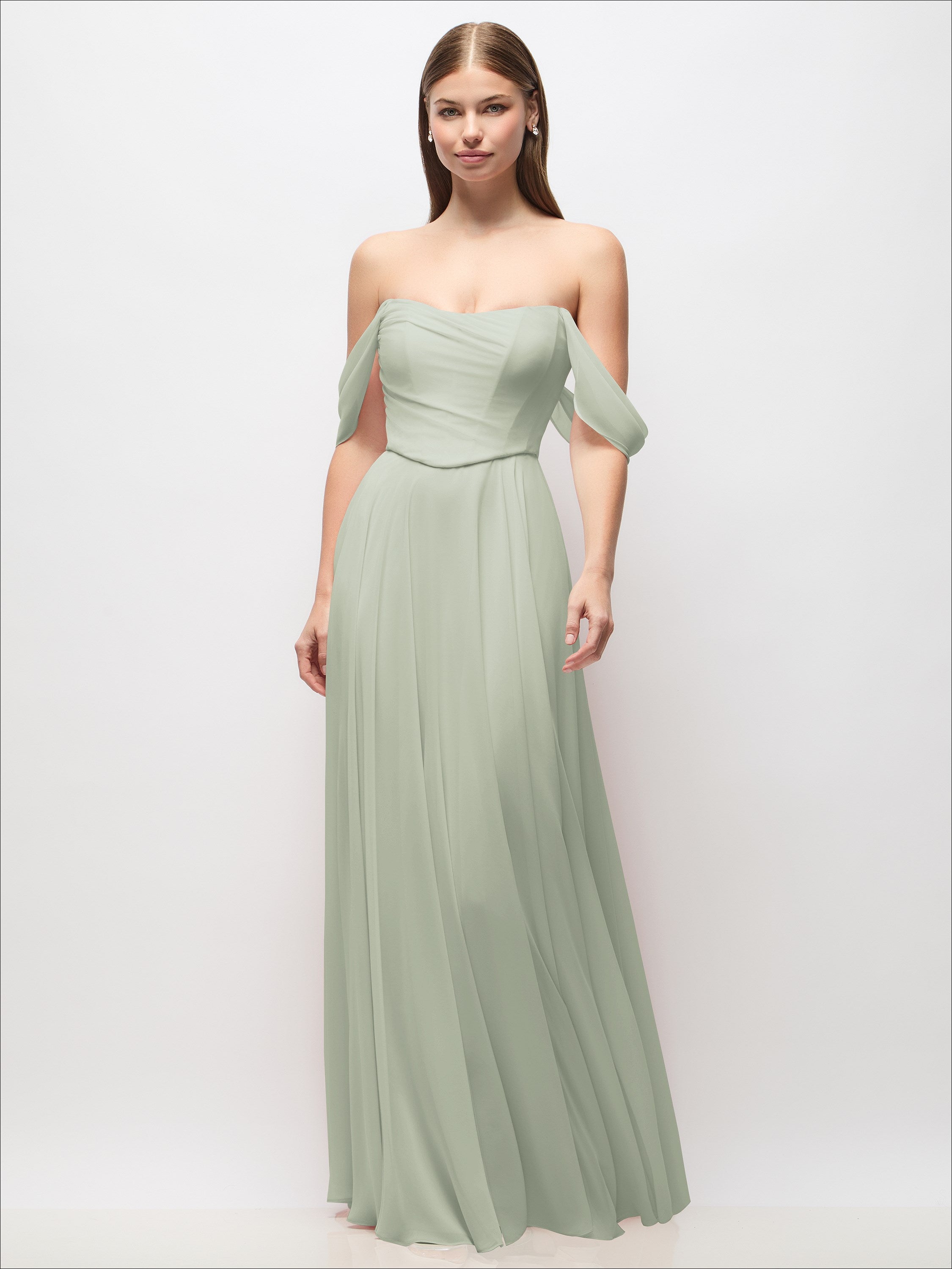 sage green corset detail bardot bridesmaid dress Off-the-Shoulder Basque Chiffon Maxi Black corset