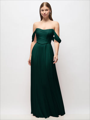 Off-shoulder basque corset chiffon maxi dress, deep emerald green with shoulder drapes
