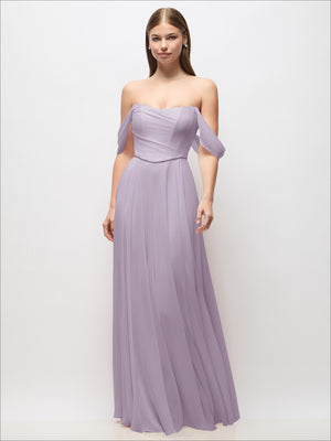 Lavender off-shoulder chiffon maxi dress with corset bodice and flowing pleated skirt