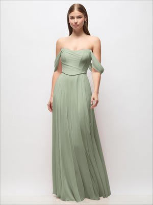 Off-shoulder mint-green chiffon maxi dress with basque corset seams and flowing skirt