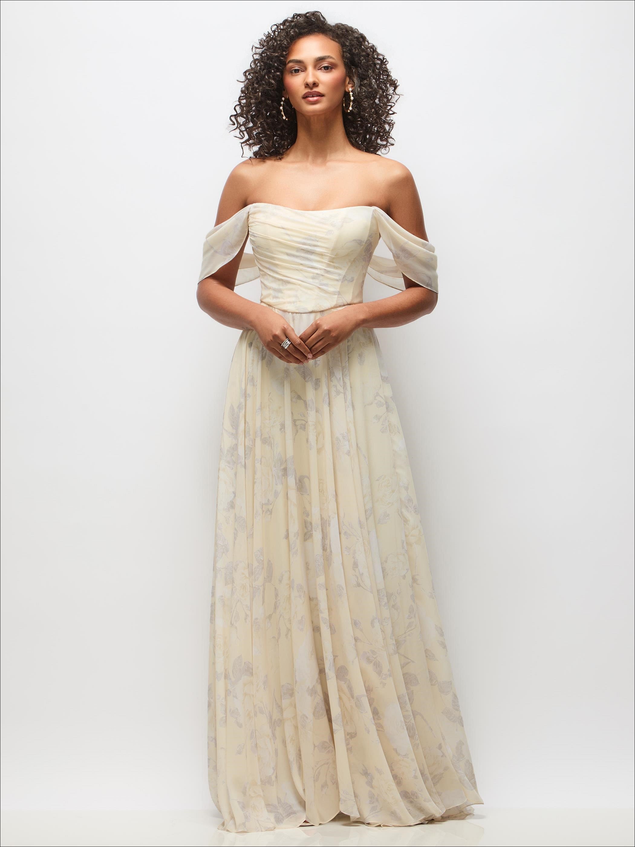 Off-the-Shoulder Basque Corset Floral Chiffon Maxi Dress