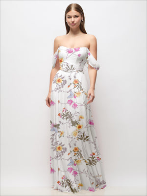 Off-the-shoulder floral chiffon maxi dress with puff sleeves, white base, multi-color bouquet print