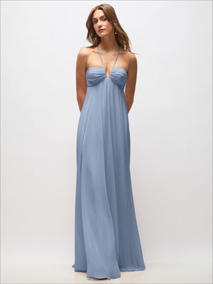 Light blue chiffon halter maxi dress with draped front bust and thin convertible straps