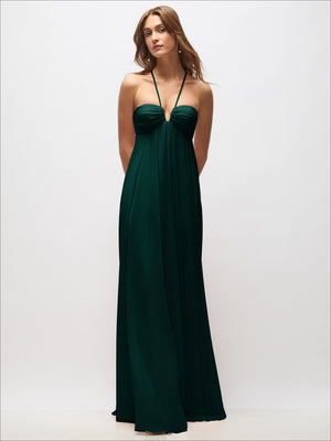 Dark green chiffon halter maxi dress with pleated drape skirt and convertible straps