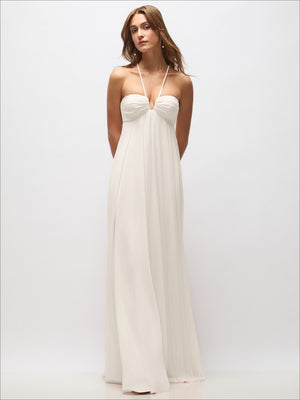 Ivory empire-waist chiffon maxi dress with spaghetti straps and draped sweetheart neckline