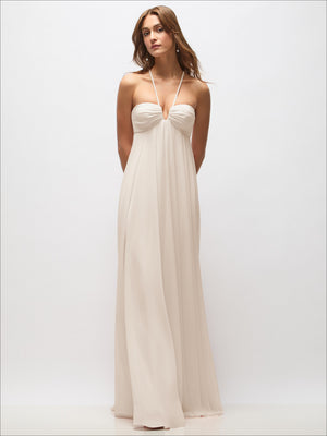 Ivory empire-waist chiffon maxi dress with spaghetti straps, sweetheart neckline, draped bust