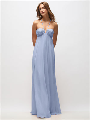 Periwinkle blue chiffon halter maxi dress with ruched bust and thin spaghetti straps