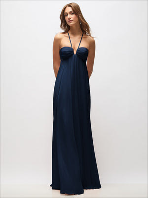 Navy chiffon halter maxi dress with twisted bust detail and thin convertible straps