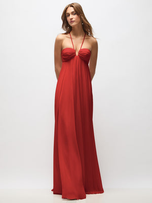 Red chiffon halter maxi dress with ruched bust and convertible spaghetti straps