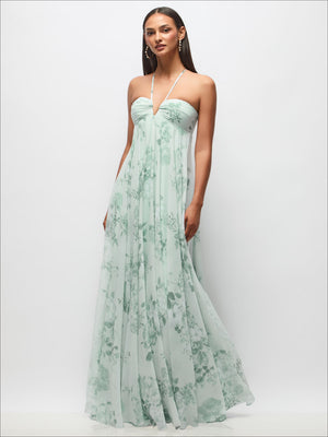 Mint green floral chiffon halter maxi dress with thin spaghetti straps
